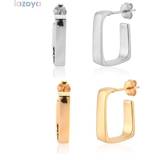 Lozoya 925 Sterling Silver Gold Square Hoops Irregular Geometric Champagne Gold Circle Women Fashion Jewelry Circle Loop