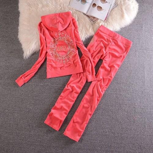 Elegant Velour Tracksuit Hooded Zipper Tops And Long Pants Two Piece Sets Spring Fal Diamonds For Women Casual Outfits Clothing