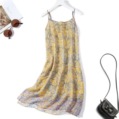 Womens 100% Mulberry Silk 2-layers yellow floral side slit chemise Long Dress Summer Beach Dress JN602