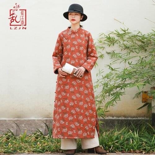 LZJN Ethnic Dress Women Autumn Winter Long Sleeve Chinese Cheongsam Qipao Warm Cotton Quilted Maxi Dress Robe Vestidos