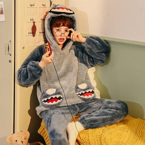 2021 Winter Women Pajamas Set Flannel Cartoon Shark Pyjamas Two-piece/Set Sleepwear Leisure Wear Anime Loose Pijama Suit Hoodies