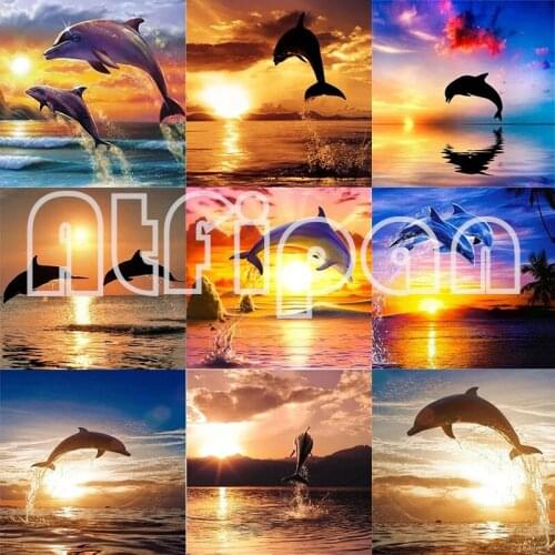 5D DIY Diamond Painting Dolphin Sunset Full Drill Diamond Embroidery Cross Stitch Rhinestones Mosaic Handmade Decoration Gift