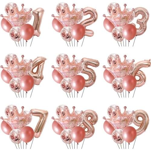 7pcs/set Big Rose Gold Pink Blue Crown Foil Balloons 32inch Digital Balls Baby Shower Event Supplies Happy Birthday Party Decora