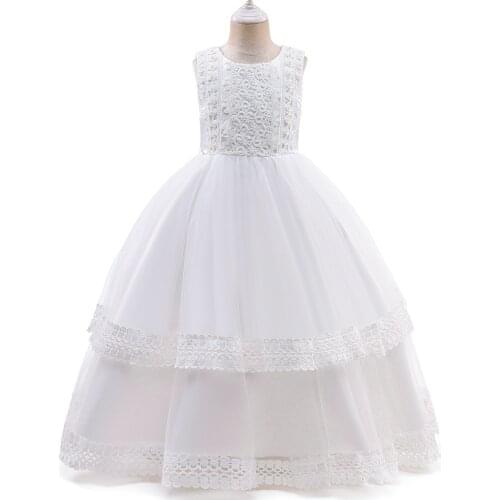 White Wedding Birthday Party Gown Lace Ballgown Tutu Princess Dresses Full Length Children Clothing Kids Party For Girl Clothes