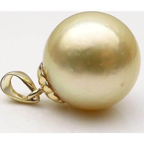 Free Shipping Lustrous 11~12MM Round Light Golden South Sea Cultured Pearl Pendant 9K Yellow Gold