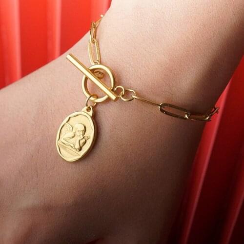 100% Stainless Steel Angel Toggle Bracelet For Women Gold/Silver Color Metal Angel Coin Charm Bracelet Femme Acier Inoxydable