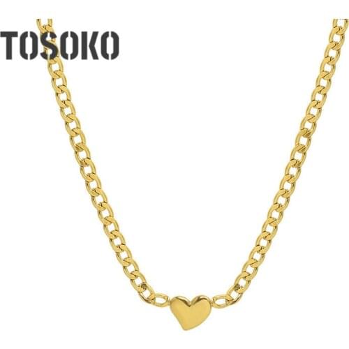 TOSOKO Stainless Steel Jewelry Thick Chain Rope Chain Heart-Shaped Pendant Necklace Womens Hip Hop Clavicle Chain BSP1115