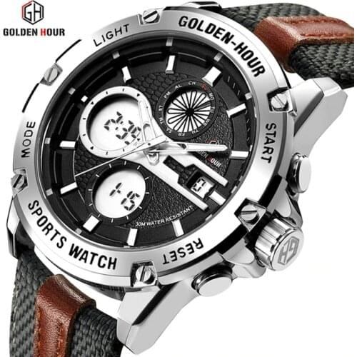 GOLDENHOUR Men Fashion Army Military Watch Mens Dual Display Waterproof Quartz Wristwatches Luminous Hands Sport Clock Relogio