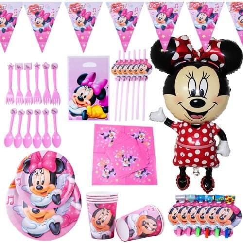 Minnie Mouse Girls Birthday Party Decorations Background Paper Cup Plate Napkin Disposable Tableware Sets Party Supplies