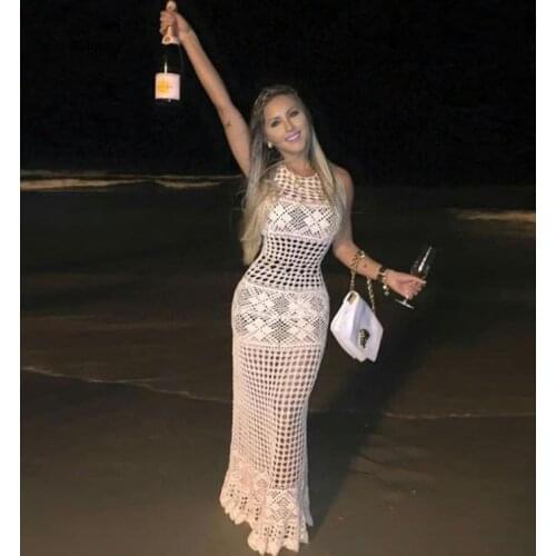 Women Crochet Cover Up Bikini Swimwear Knit Hollow Out Beach Dress Swimsuit Solid Perspective Tunic Kaftan Beach Sexy Pareo