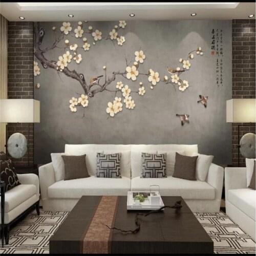 Customized large wallpaper hand-painted plum blossoms and birds TV background wall hi Meitou mural waterproof material