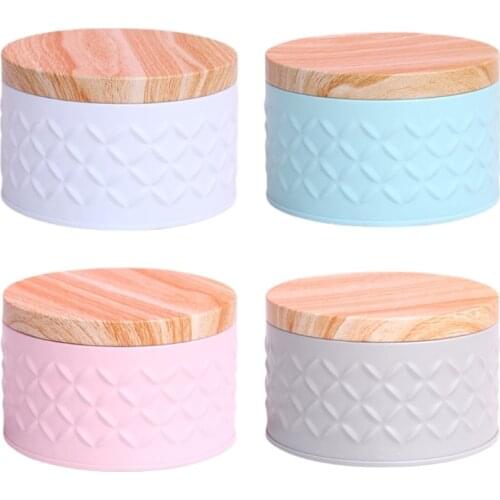 T3EC Round Empty Iron Box with Wood Grain Lid Candy Cookie Storage Tinplate Jewelry Coin Earrings Organizer Jar for Wedding