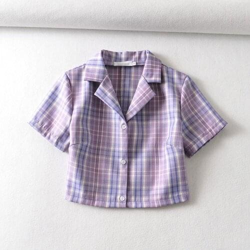 2020 Summer shirt women plaid crop cardigan short sleeve notched collar shirt button up shirts purple kawaii blouse office