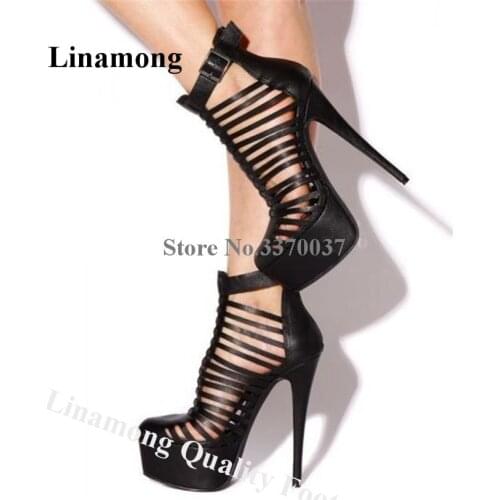 Linamong Newest Thin Straps Caged High Platform Stiletto Heel Gladiator Pumps Round Toe Ankle Straps Buckles High Heels