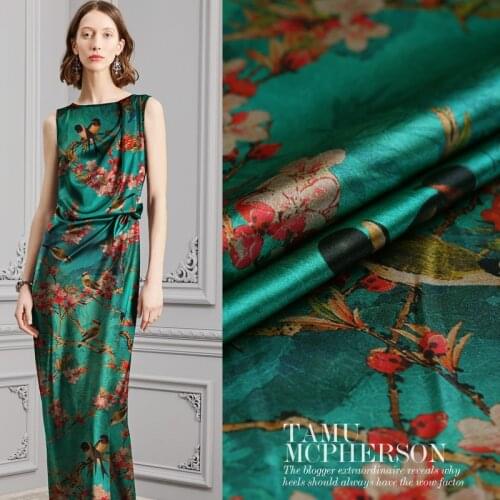 Magpie play red flowers digital painted silk stretch satin gambiered Canton gauze fabric for dress tissu au meter bright DIY
