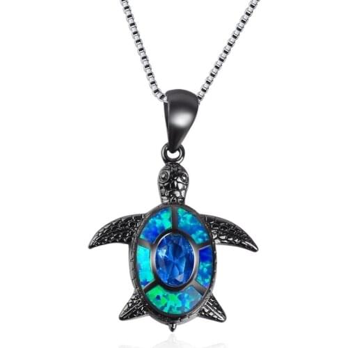 Fashion Black Filled Blue Opal Crystal Pendant Necklace Women Sea Turtle Animal Statement Chain Necklaces Ocean Beach Jewelry