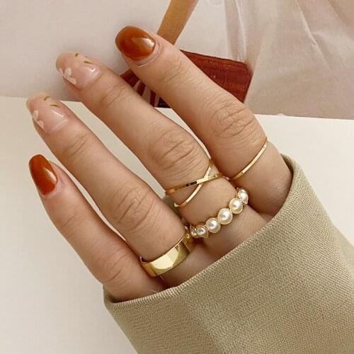 Punk Minimalist Gold Color Rings Set For Women Fashion Pearls Knuckle Finger Rings Chain Opening Joint Rings 2021 Jewelry Gift