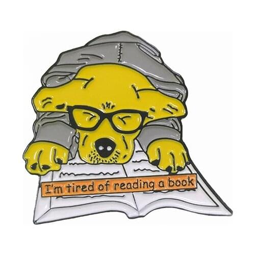 Eyeglasses Yellow Dog Metal Enamel Brooch I'm tired of reading book Tired Dog Badge Pin Creative Trendy Costume Jewelry Gift