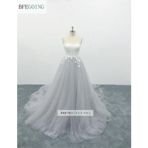 Grey Tulle Sleeveless Floor-length Bridal-gown A-line Wedding dress Chapel Train Custom made