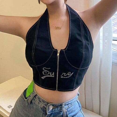 SEASONS Black Gothic Halter Zip Up Tank Top Lighting Line Backless V Neck Cami Vest Women Punk Strapless Outfits Tops ASVE82693