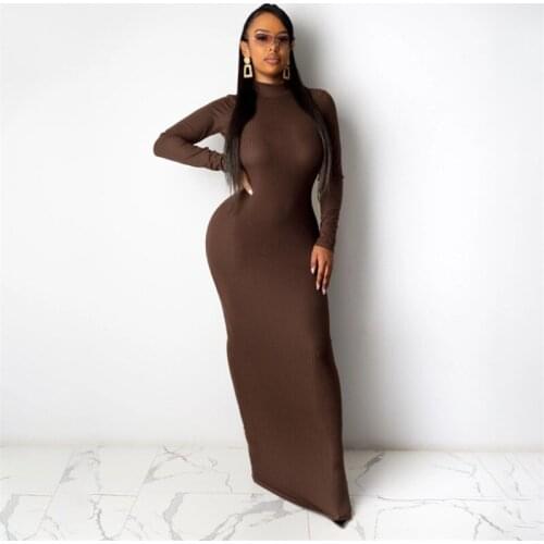 Sexy Ladies Back Tie-up Bodycon Dress Women Solid Color High neck Long Sleeve Backless Ribbed Long Vestidos Autumn Fashion Party