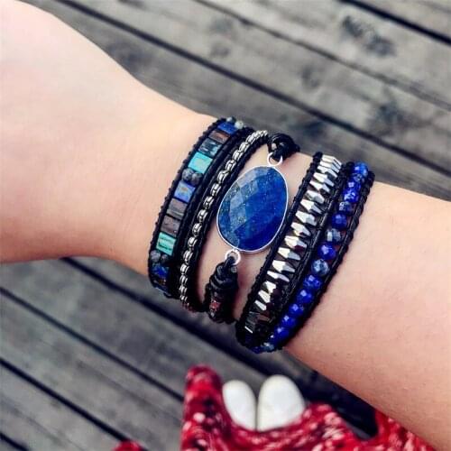 Vintage Leather Bracelet Natural Lapis Mix Stone 5 Strands Woven Wrap Bracelets Bohemian Bracelet Dropship