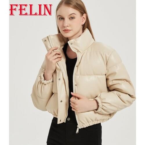 Za 2021 Women Chic Beige PU Leather Bubble Jackets Winter Autumn Thicken Warm Coats Oversized Short Jackets Streetwear Parker