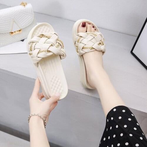 New Brand Design Gold Chain Weave Women Slippers Summer Wedges Pal Mules Shoes Sandals Low Heels Casual Slides Flip Flops2021