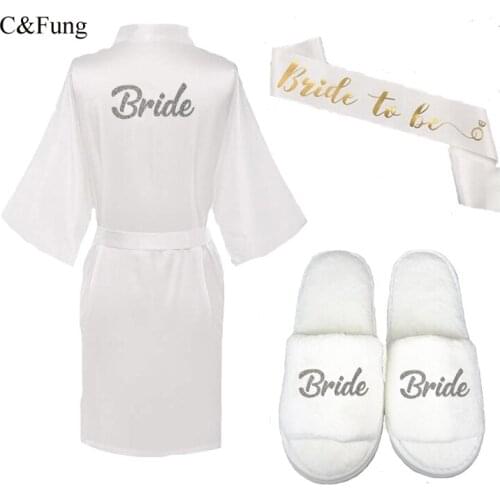 C&Fung new glitter silver writing bride robe 3pc set of robe slipper sash wedding gift satin robe women kimono 2019 short robes