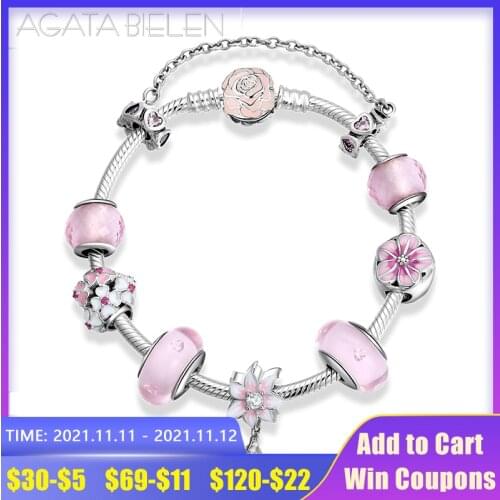 925 Sterling Silver Blooming pink flowers series with glass beads finished bracelet Fashion Women' s Charm Bracelet Jewelry 2019