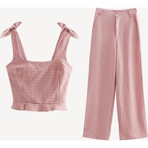 2021 Hot European Style Summer New Arrival 2 Piece Set Women Slim Bow Tie Lattice Sling Vest + Wide Leg Pants Free Shipping