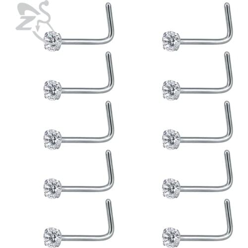 ZS 10 Pcs/lot Indian Nose Studs Bar Stainless Steel Nose Piercing Pin Earrings Cubic Zirconia Nose Rings Body Jewelry for Women