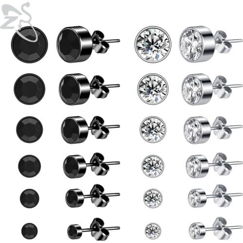 ZS 6 Pairs/lot 3-8MM Round Zircon Stud Earring Set Silver Black Color 20g Stainless Steel Ear Studs Helix Conch Tragus Piercings