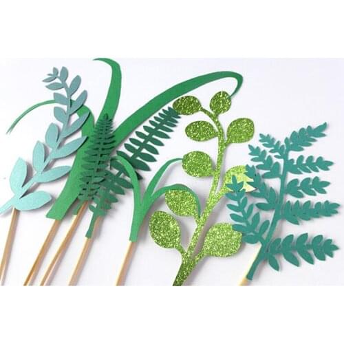 1 Set Green Plant Cake Toppers Laser Cupcake Flags Party Decor Birthday Supplies