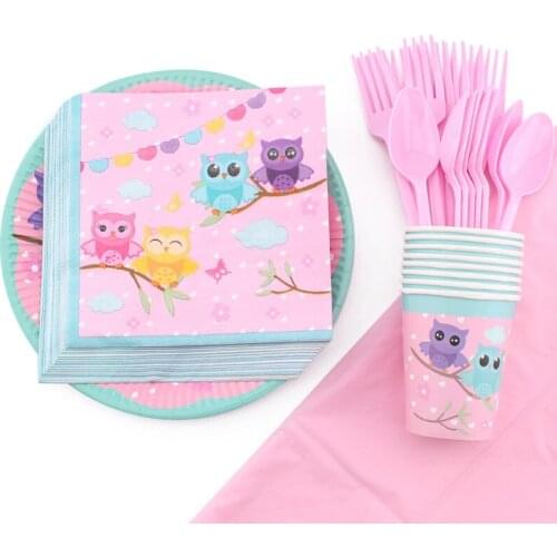 53Pc/Set Owl Theme Disposable Tableware Birthday Decoration Baby Shower Forks Spoon Tablecloth Plate Cups Napkins Party Supplies