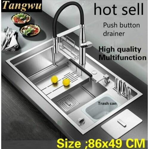 Free shipping Hot sell Apartment push button drainer luxury kitchen manual sink single trough big stainless steel 860x490 MM