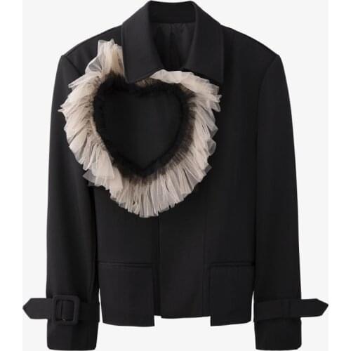 Black Short Jacket Hepburn Style Fashion Heart-Shaped Three-Dimensional Mesh Lace Blouse Womens Long-Sleeved Temperament Blazer