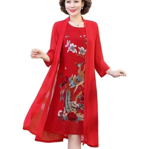 Elegant Middle-aged Women mother Summer Dress chiffon print sun protection clothing 2 Pieces Party Dresses Casual Plus Size 5xl