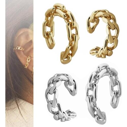 2Pcs Gold Color Different Design Chain Ear Cuffs Clip on Earrings Set Fake Piercing Helix Earring Women Men Moon Earcuff Jewelry