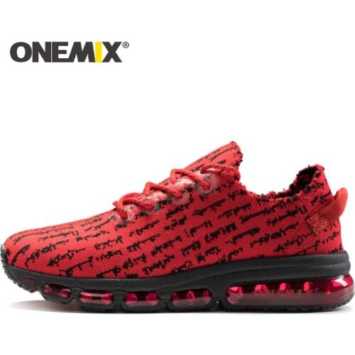 ONEMIX Men Trainers Running Shoes Breathable Mesh Red Graffiti Fashion Walking Sneakers Air Cushion Slip on Fitness Sports Shoes