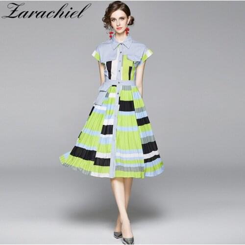 Fashion Designer Contrast Color Block Shirt Dresses Womens Single-Brested Belted Pleated Dresses Female Office Midi Dresses
