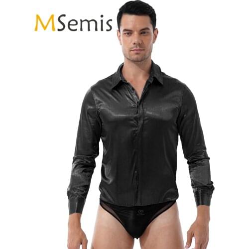 Mens Satin Bodysuit fot Business Wedding Turn-down Collar Coveralls Casual Lounge Sleepwear Button Down Long Sleeve Jumpsuits