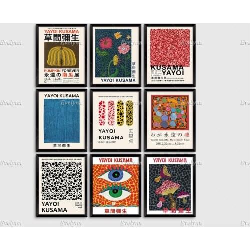 Yayoi Kusama Set Of 9 Prints, Gallery Wall Set, Exhibition Wall Art, Yayoi Kusama Poster, Museum Exhibition, Home Decor Canvas
