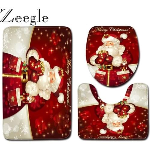 Zeegle Printed Christmas Bath Mat Set Toilet Decoration Mat Anti-slip Bathroom Rug Water Absorption Floor Rug Lid Toilet Cover