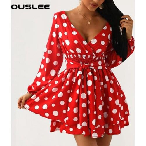 OUSLEE Vintage Dot Print Women Dress With Sashes Fashion Sweet Party Mini Dresses Female Full Sleeves V Neck A-line Shorts Dress