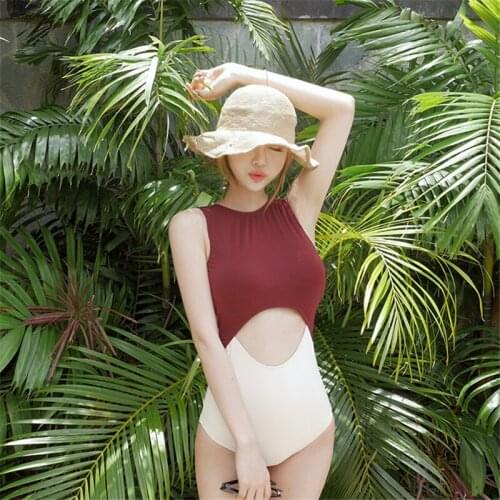 Sexy Women High Waist Swimsuit Backless Hollow High Cut One-piece Travel Beach Swimwear Womens Swimming Suit Jumpsuit Wine red