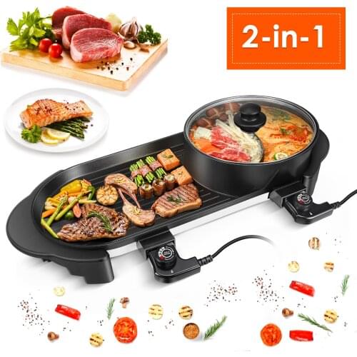 Portable Electric Barbecue Grill Indoor 2 In 1 Hot Pot Chafing Dish Large Capacity Household Multifunctional NonStick Baking Pan