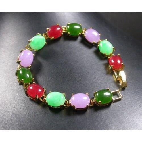 Gold Plate CHINESE Red Lavender Green Cabochon Bead Bangle Bracelet AAA style Fine jewe Noble 100% Natural jade 5.26
