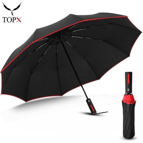 Strong Wind Resistant 3Folding Automatic Umbrella Men Women Rain 10Ribs Large Umbrellas Business Portable Long Handle Parasol