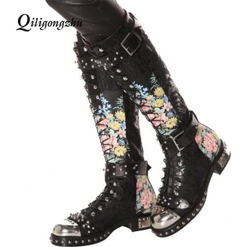 Floral Women Knee High Boots Fashion Rivets Martin Boots Platform Buckle Lace Up High Boots Shoes Genuine Leather Boots Women